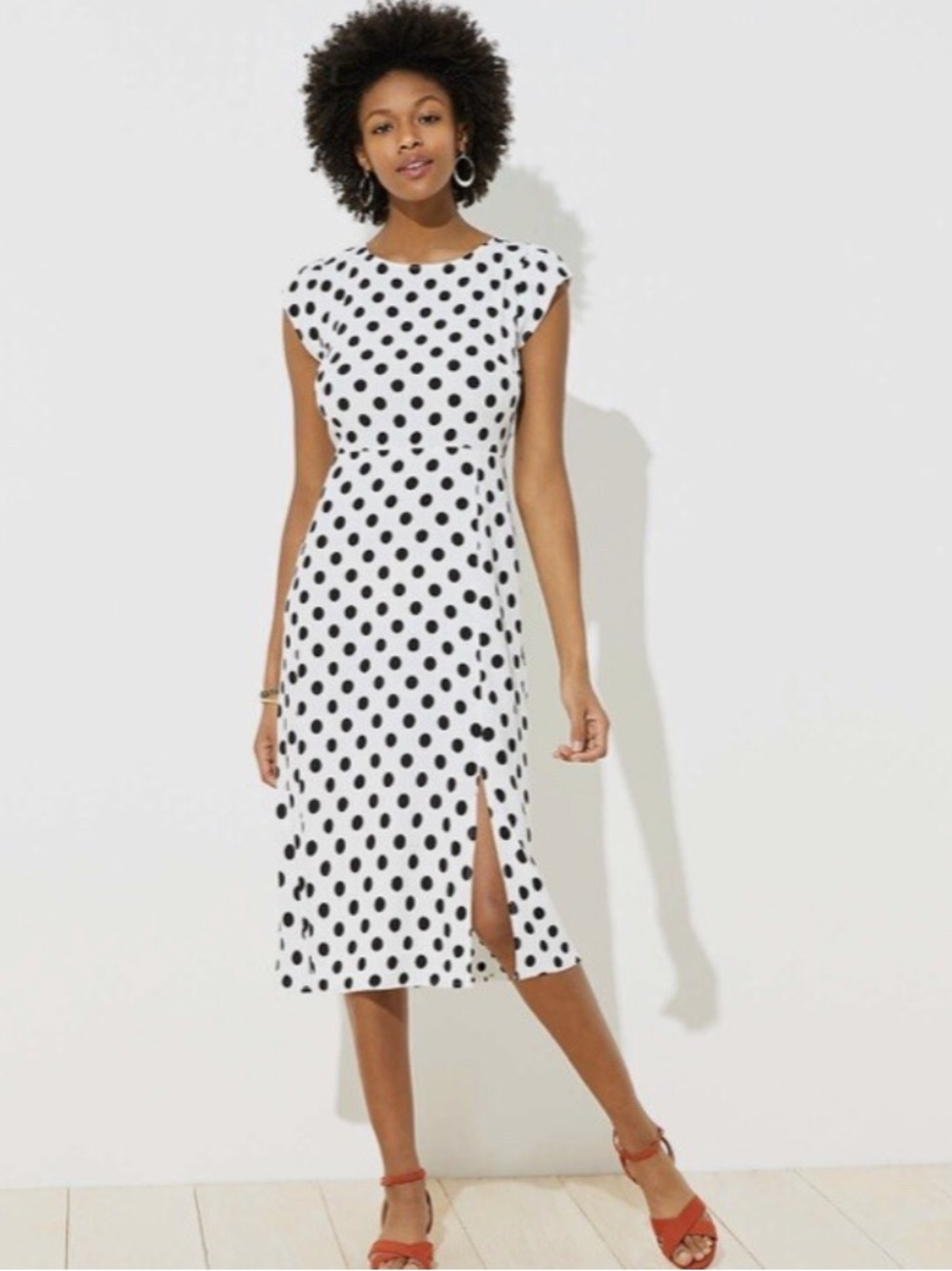 NEW LOFT Black White Polka Dot Cap Sleeve Midi Dress Size 6